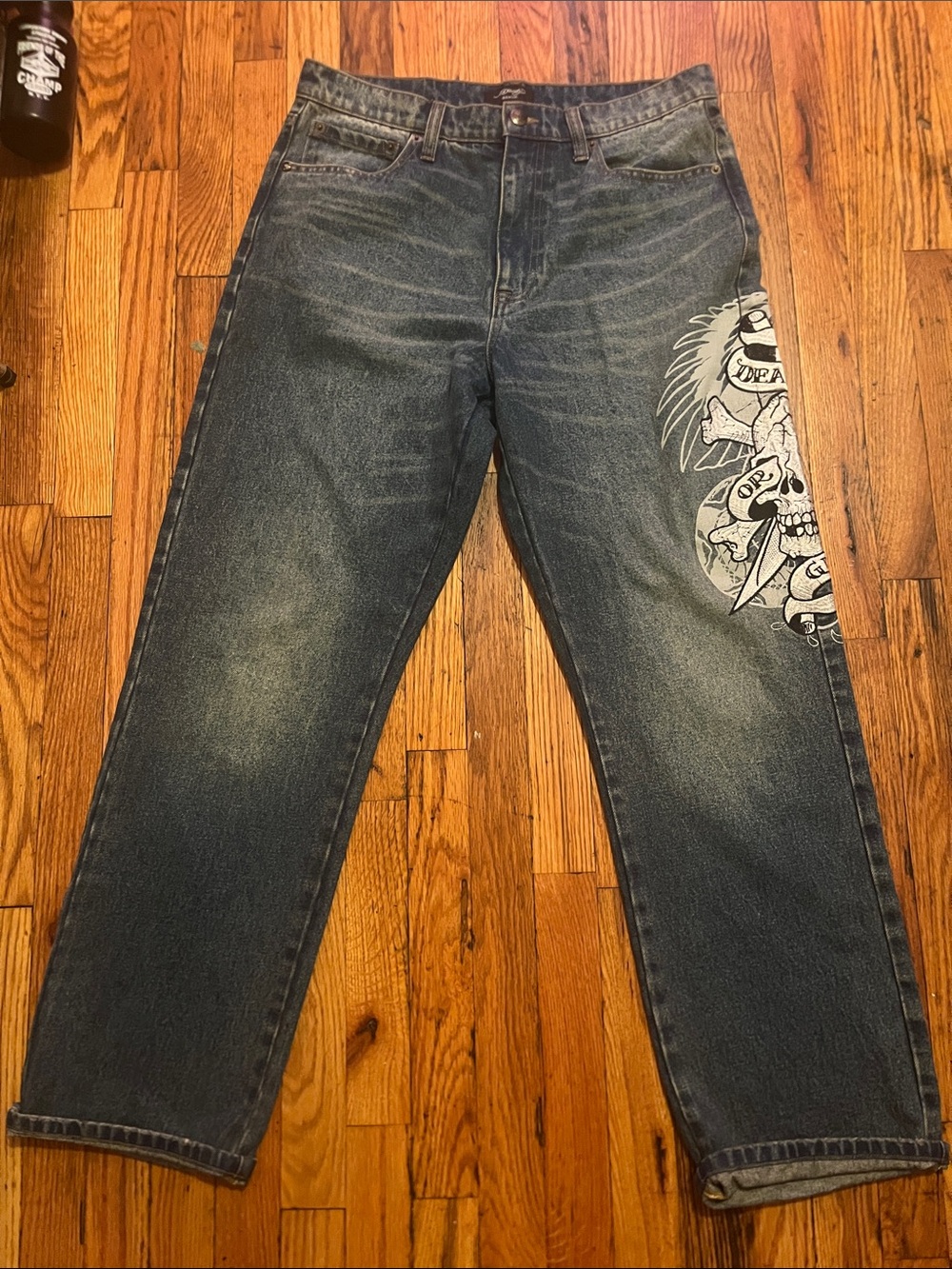 Ed Hardy Blue Relaxed Jeans with White Skull Side Graphic